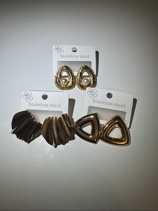 Stainless steel Jewelry - Gold Trio: Elegant Chunky & Pearl Accent Stainless Steel Earrings